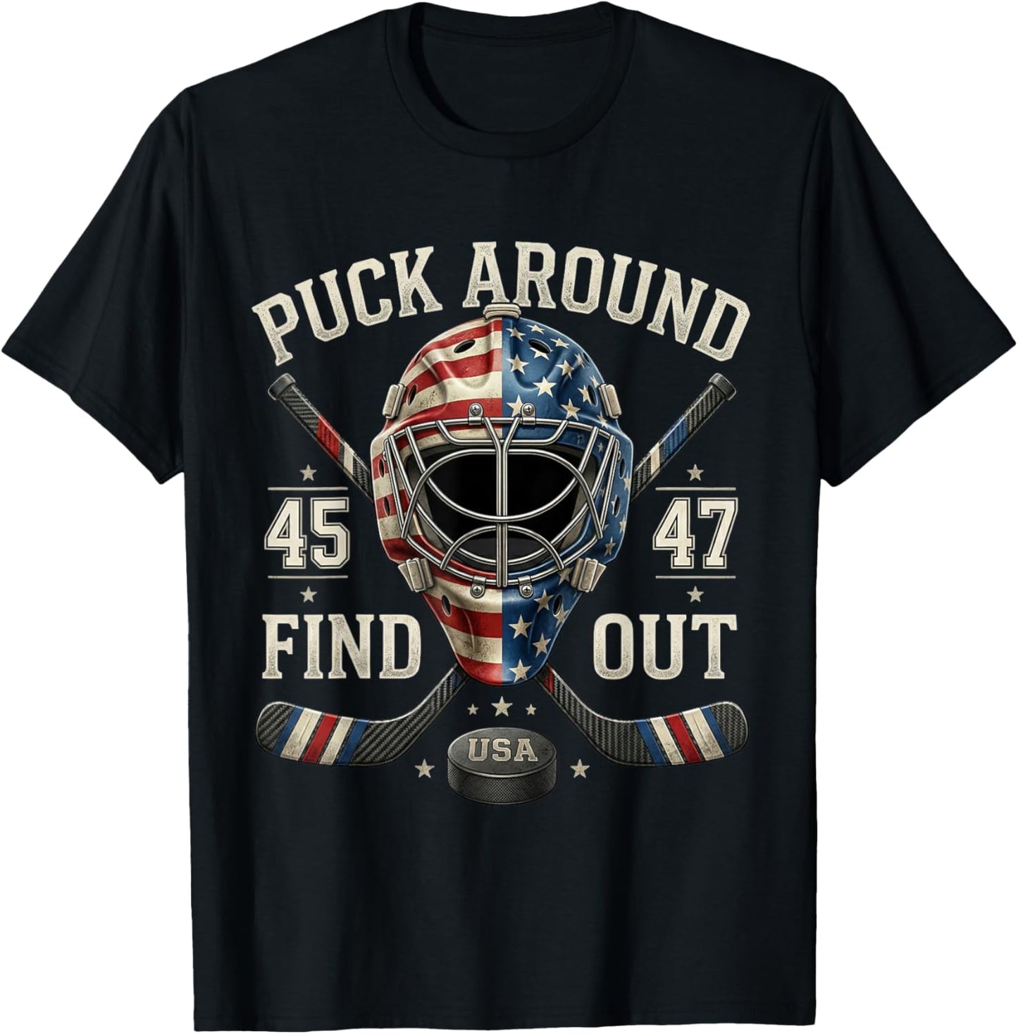 Funny Retro Puck Around and Find Out Funny Hockey Us Flag T-Shirt - T-Shirt | Black