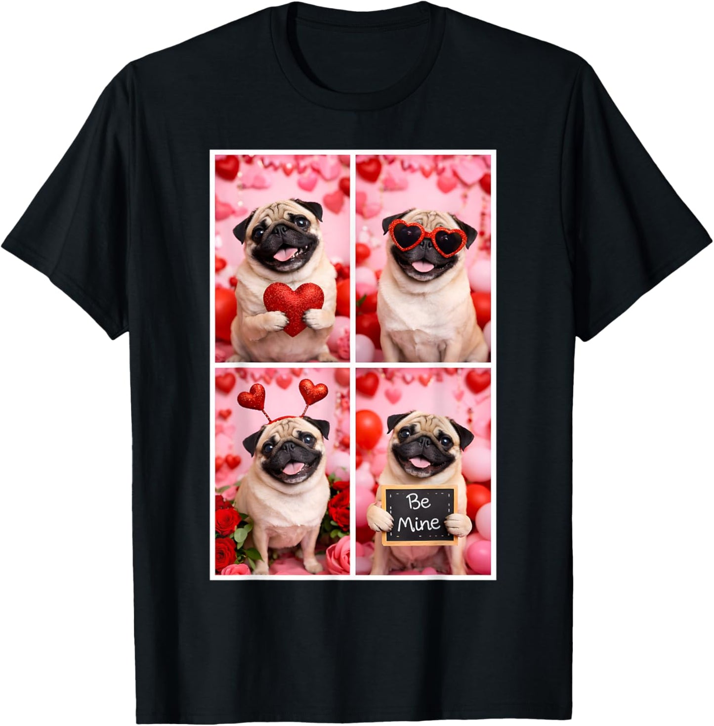 Photobooth Pug Valentines Day Dog Love T-Shirt - T-Shirt | Black