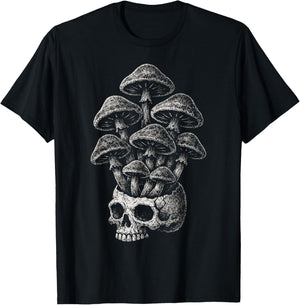 Mushroom Skull Grunge Alt Goth Skeleton Forest Aesthetic T-Shirt - T-Shirt | Black
