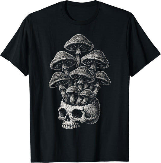 Mushroom Skull Grunge Alt Goth Skeleton Forest Aesthetic T-Shirt - T-Shirt | Black