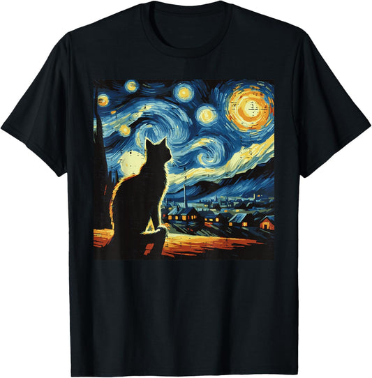 Cat Starry Night Van Gogh Kitty Painting Art Women Men Kids T-Shirt - T-Shirt | Black