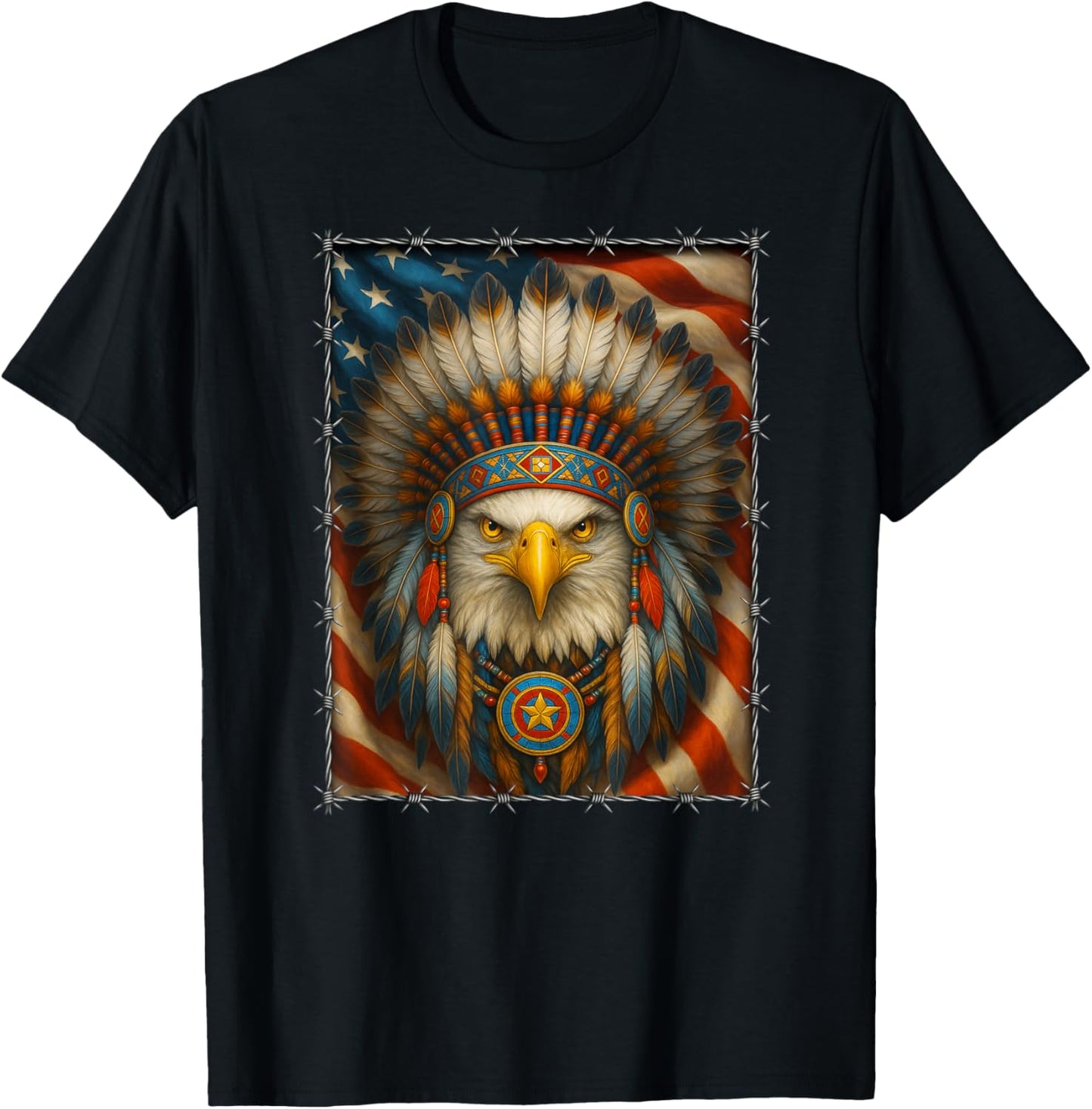 Native American - Indian Headdress Eagle - Navajo USA Flag T-Shirt - T-Shirt | Black