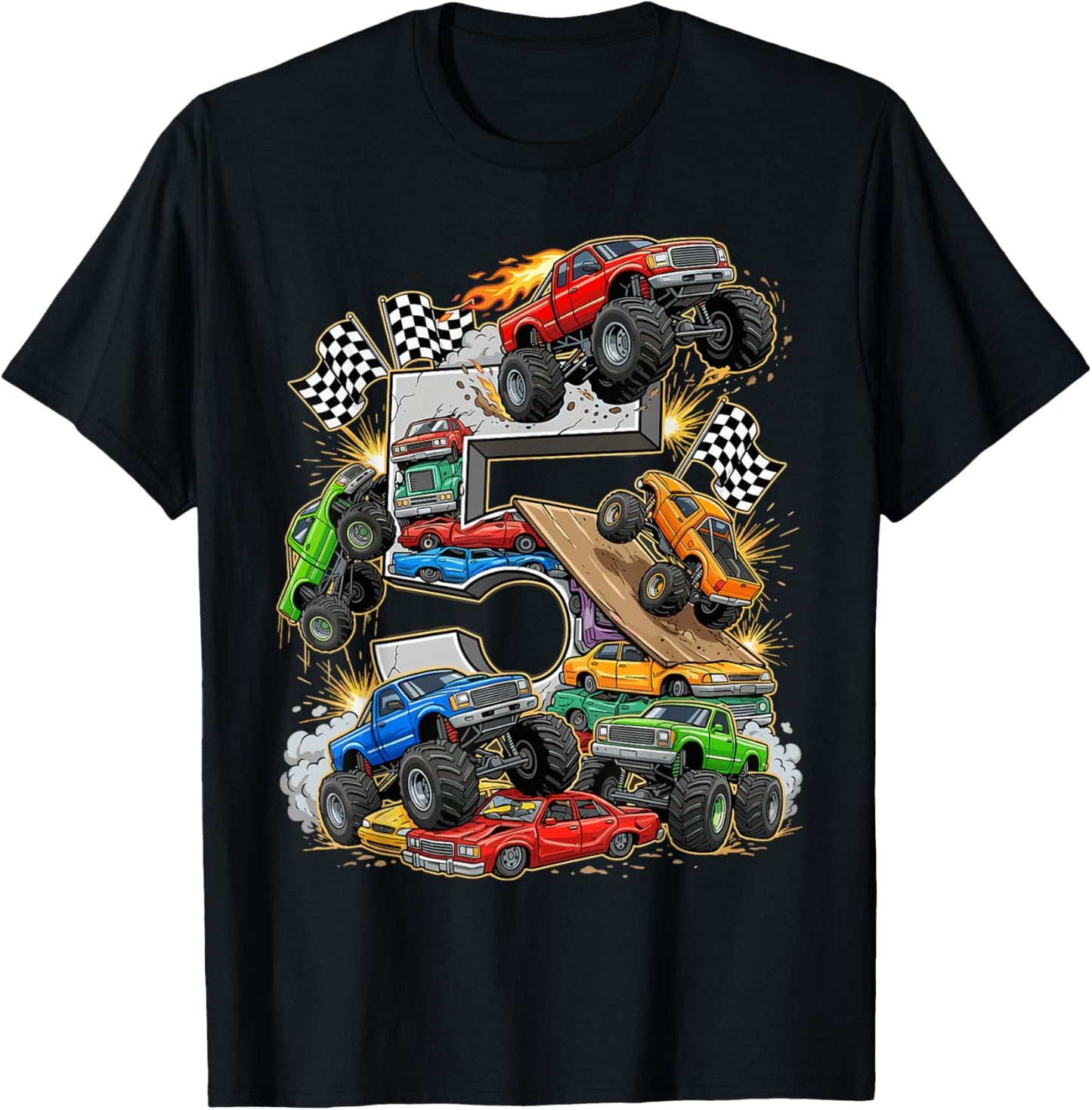 5th Birthday Monster Truck Racing Birthday Boy Party T-Shirt - T-Shirt | Black