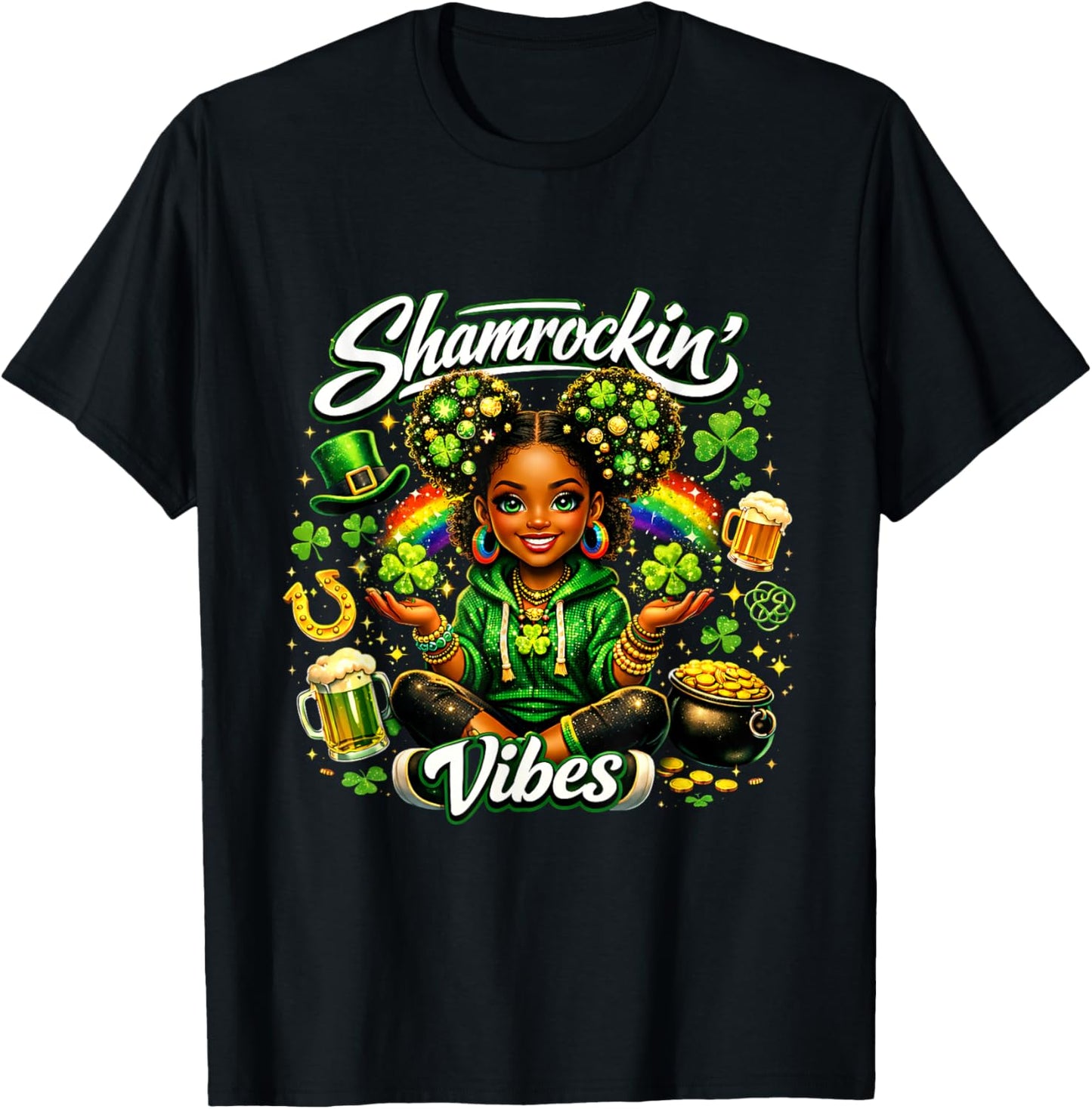 Shamrockin Vibes Cute St Patricks Day Irish Girl T-Shirt - T-Shirt | Black