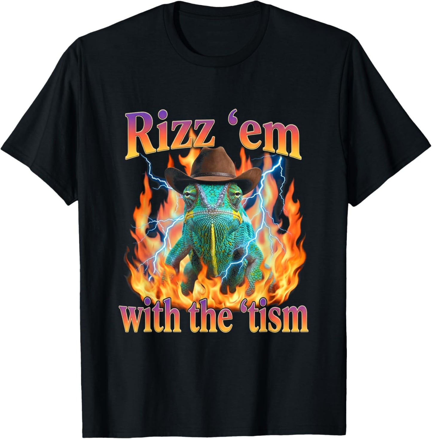 Rizz Em with The Tism Cowboy Chameleon Y2K Bootleg T-Shirt - T-Shirt | Black