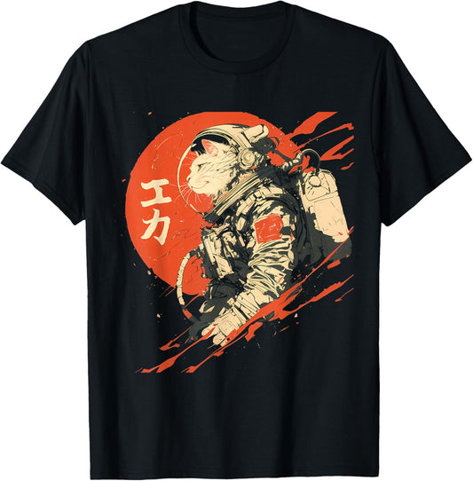 Astronaut Cat Space Cosmic Japanese Retro T-Shirt - T-Shirt | Black