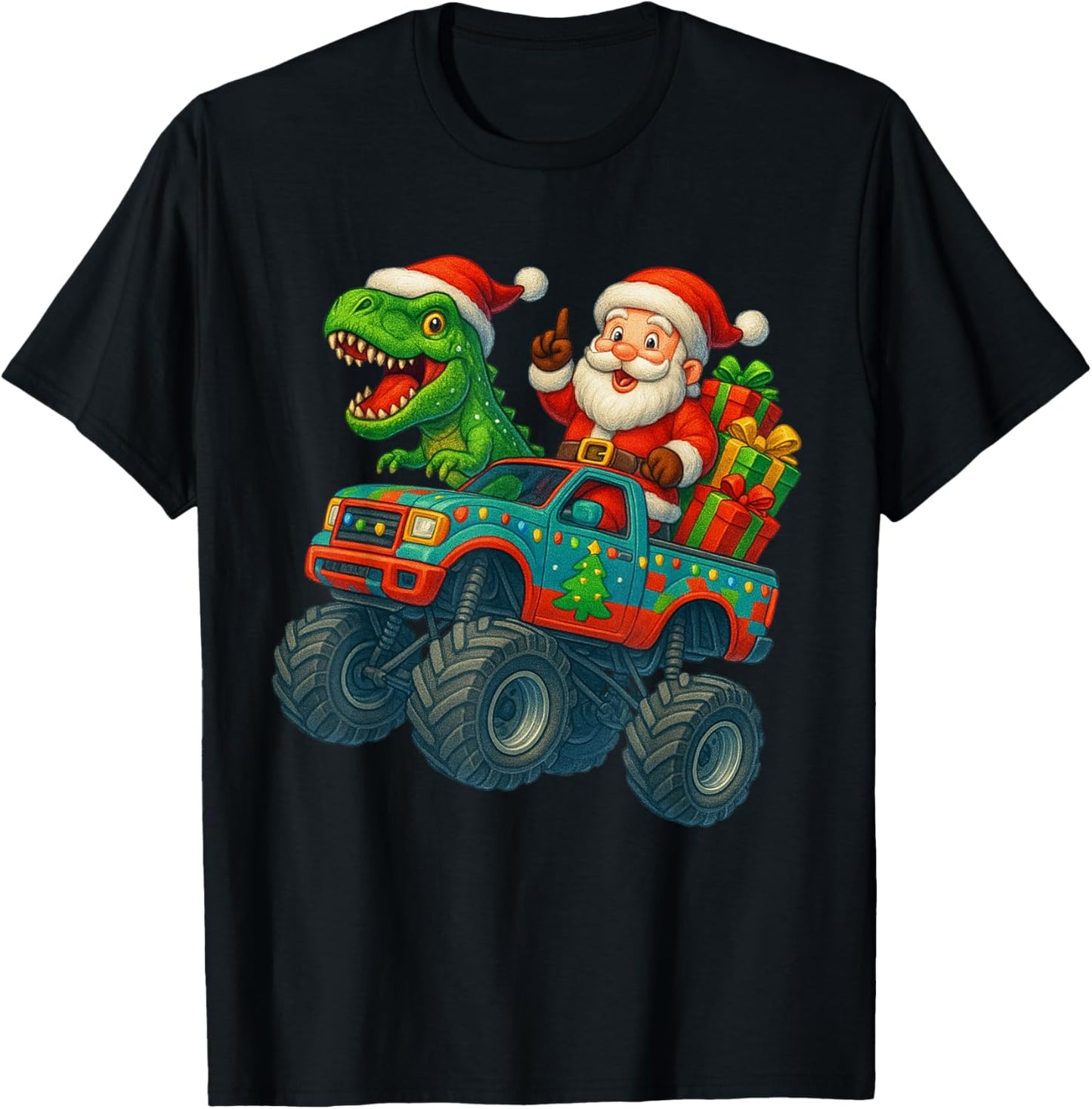 Christmas Monster Truck Santa Trex Dinosaur Dino Boys Kids T-Shirt - T-Shirt | Black