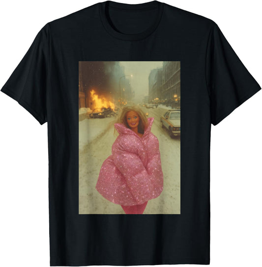 Funny Chaotic Disaster Doll Burning Background on fire Meme T-Shirt - T-Shirt | Black