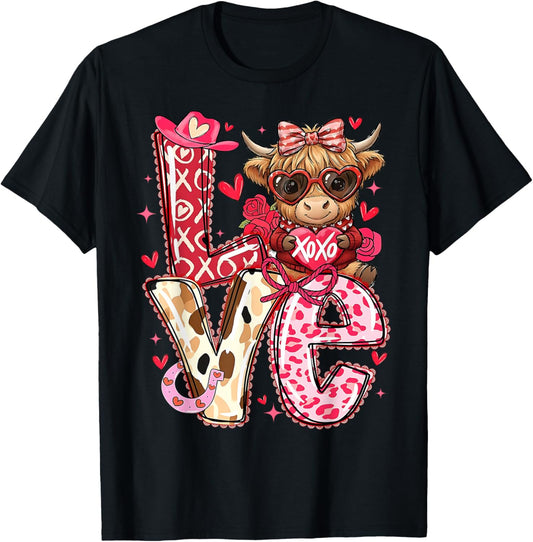Love Western Highland Cows Valentine Cowgirl Hat T-Shirt - T-Shirt | Black