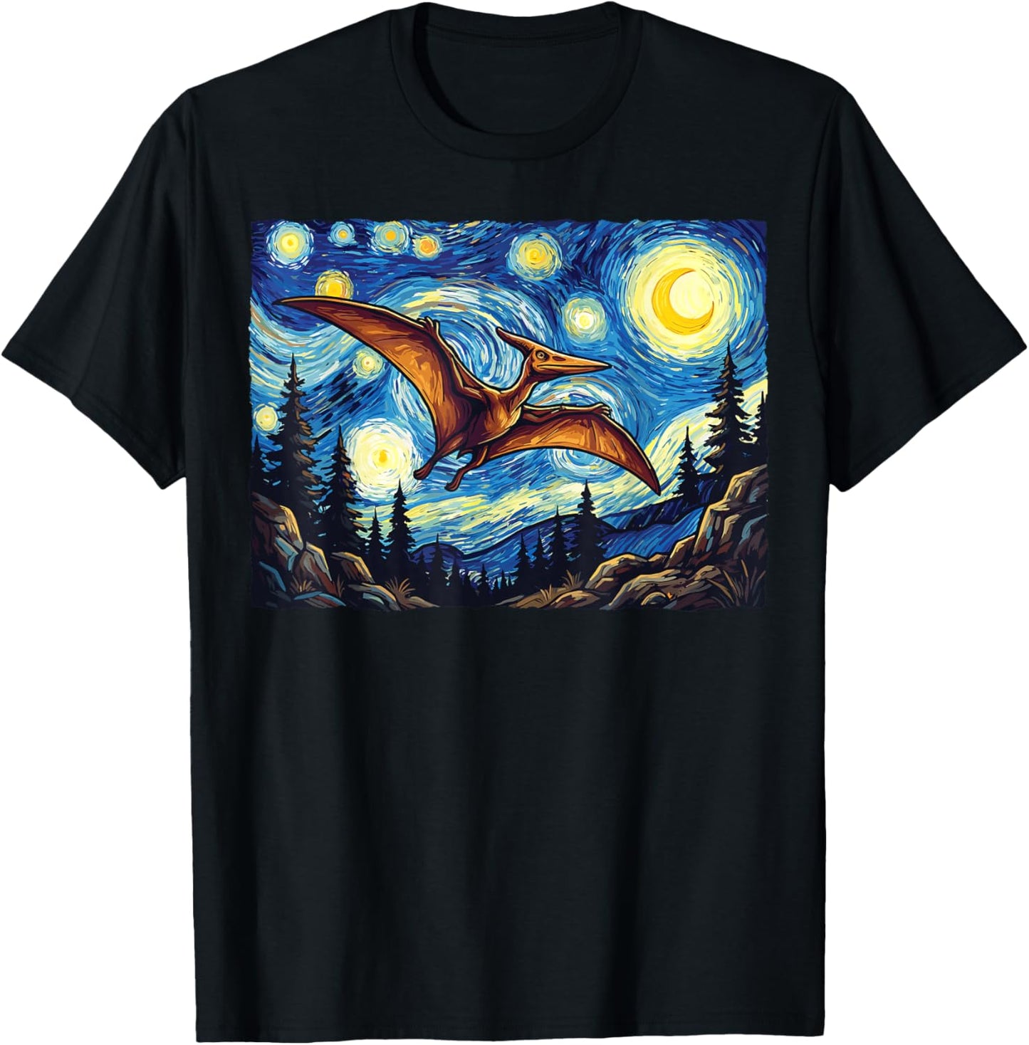 Pterodactyl Dinosaur Prehistoric Starry Night Van Gogh Dino T-Shirt - T-Shirt | Black