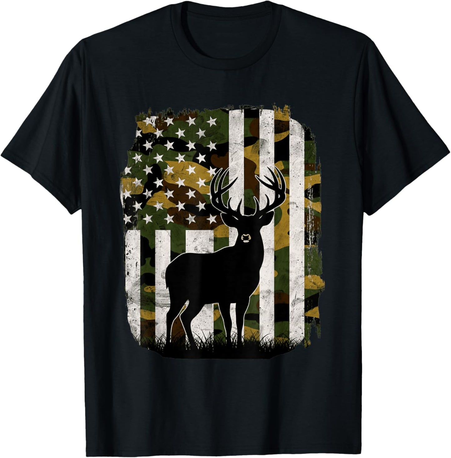 Camo US Flag Deer Elk Buck Camoflage Hunting Hunter Dad T-Shirt - T-Shirt | Black