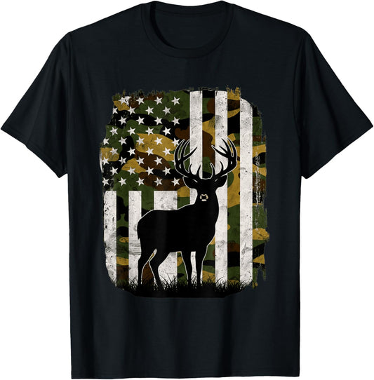 Camo US Flag Deer Elk Buck Camoflage Hunting Hunter Dad T-Shirt - T-Shirt | Black