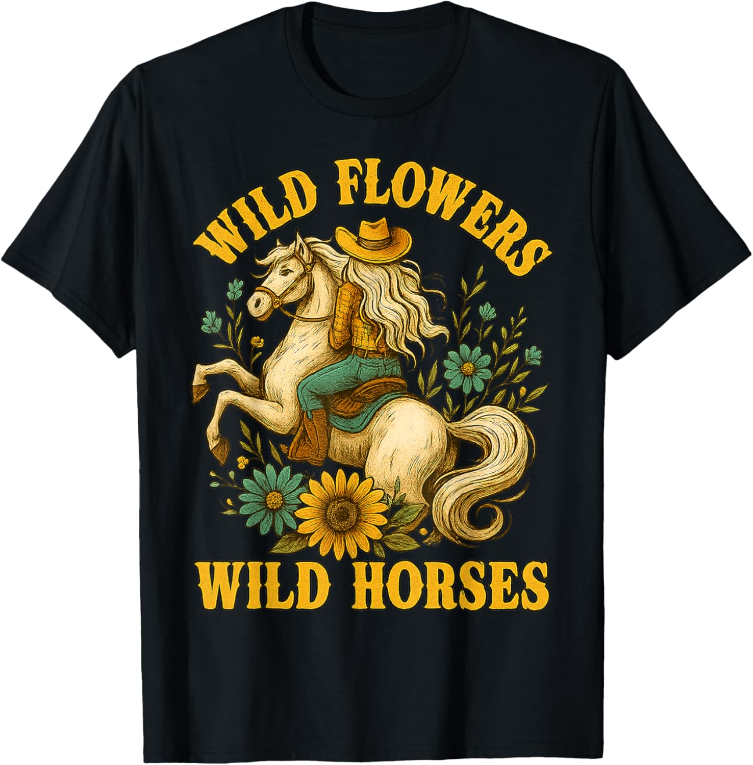 Flowers Wild Horses Cowgirl Western Vintage Gifts Women Girl T-Shirt - T-Shirt | Black