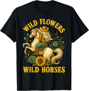 Flowers Wild Horses Cowgirl Western Vintage Gifts Women Girl T-Shirt - T-Shirt | Black