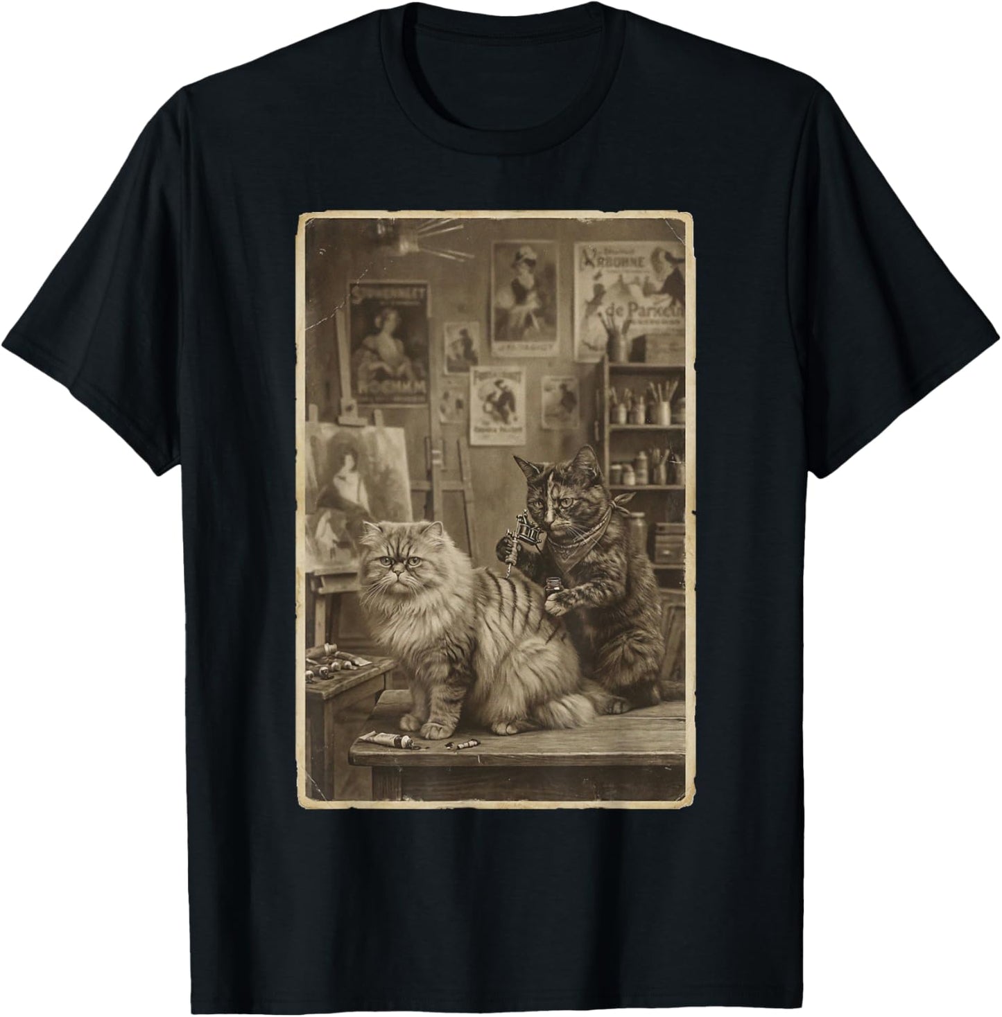 Vintage Sepia Cat Tattoo Artist – Funny Victorian Style T-Shirt - T-Shirt | Black