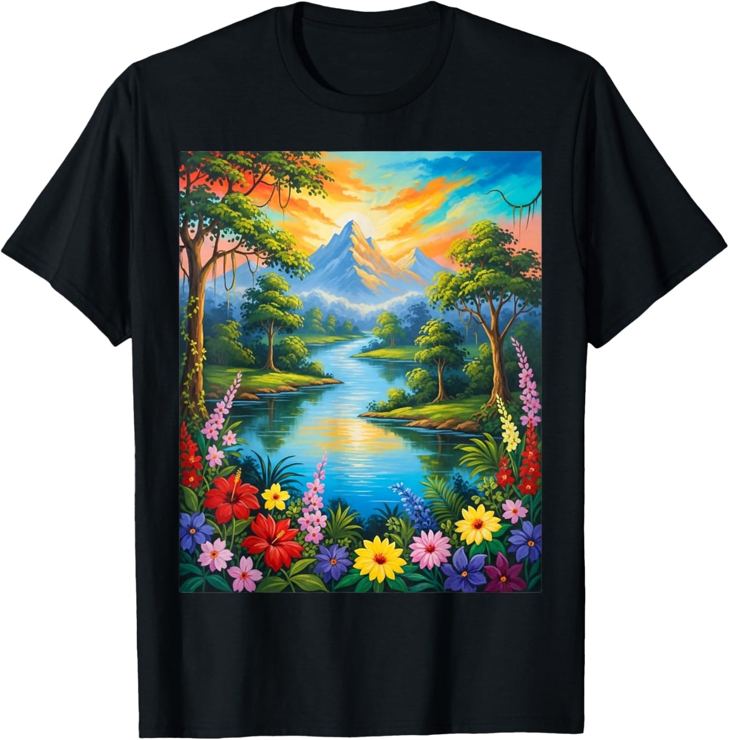 Nature Tropical Forest Trees Sun River Flowers Painting Art T-Shirt - T-Shirt | Black