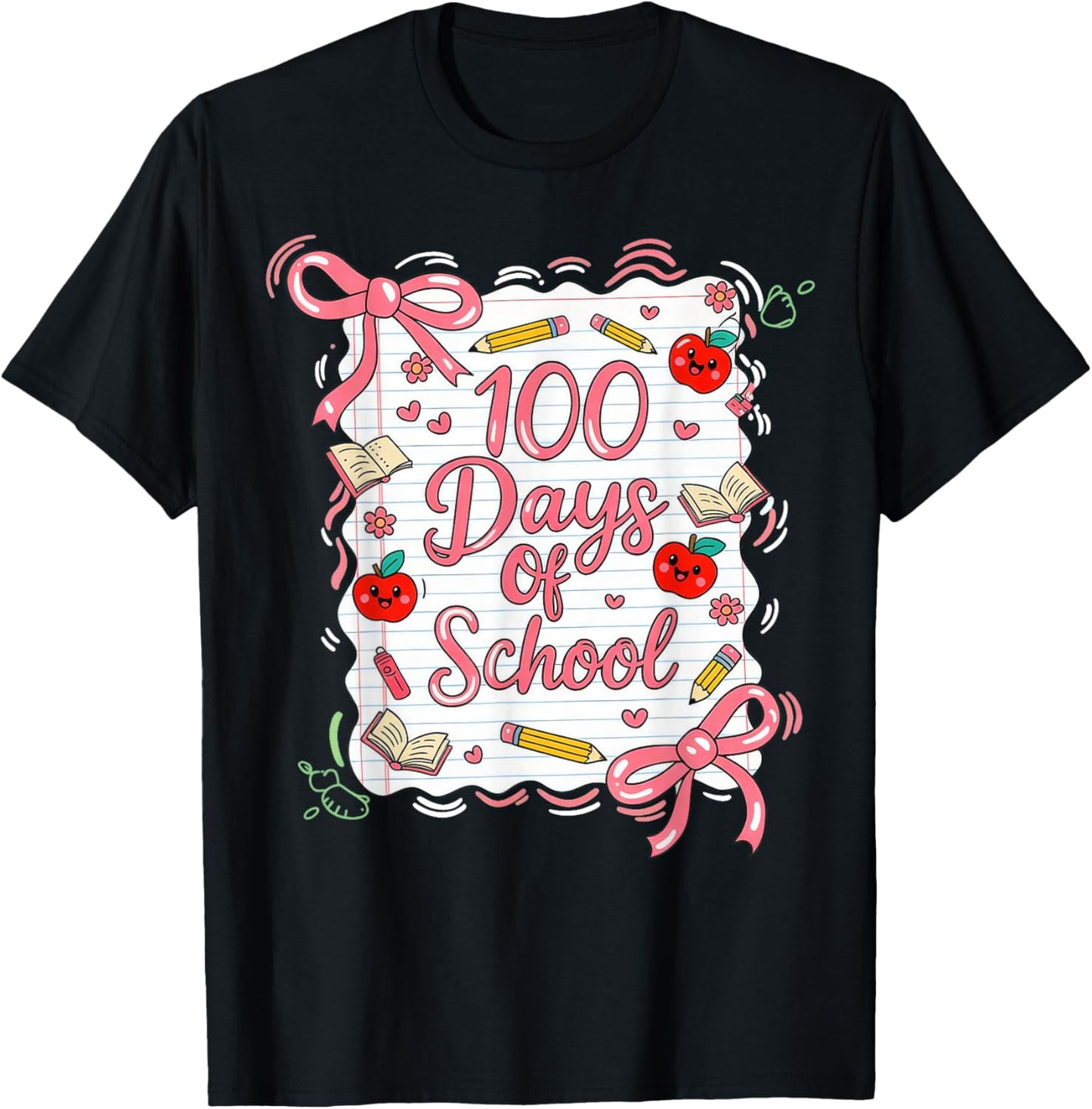 100 Days of School Coquette Bow for Girls 100th Day Teacher T-Shirt - T-Shirt | Black