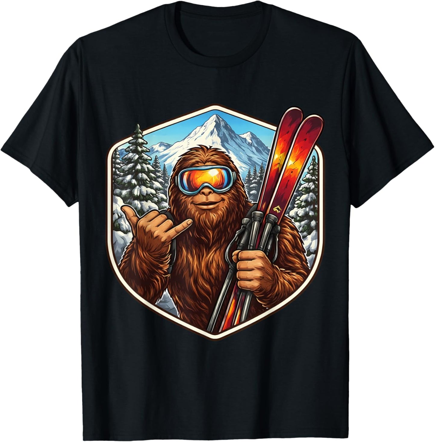 Sasquatch Skiing Big-Foot Shaka Ski Lover Skier Mountain Fun T-Shirt - T-Shirt | Black