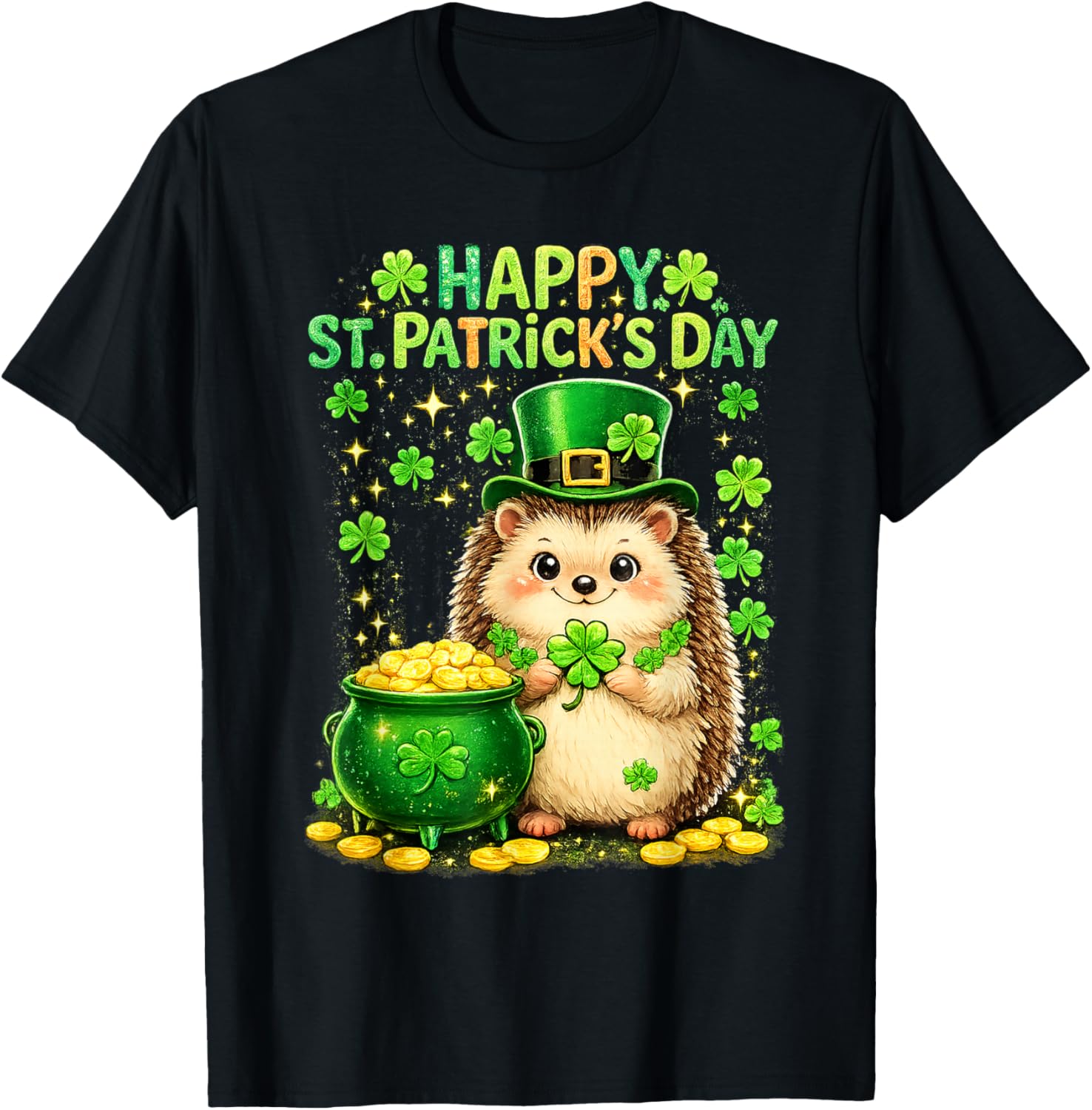 Happy St Patrick’s Day Cute Hedgehog Shamrock Funny T-Shirt - T-Shirt | Black
