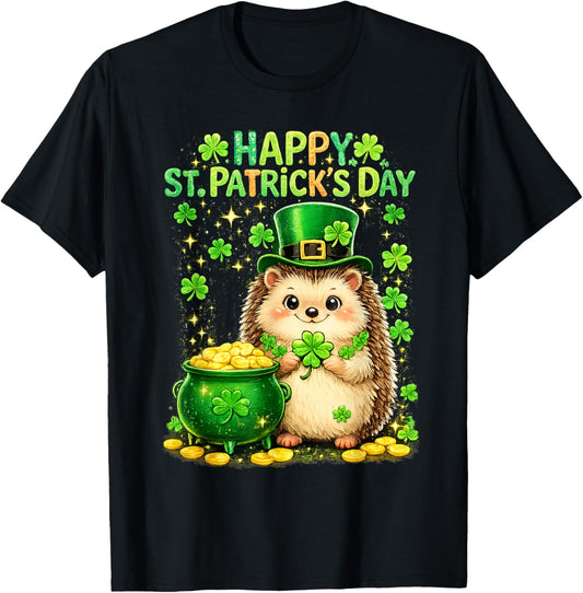 Happy St Patrick’s Day Cute Hedgehog Shamrock Funny T-Shirt - T-Shirt | Black