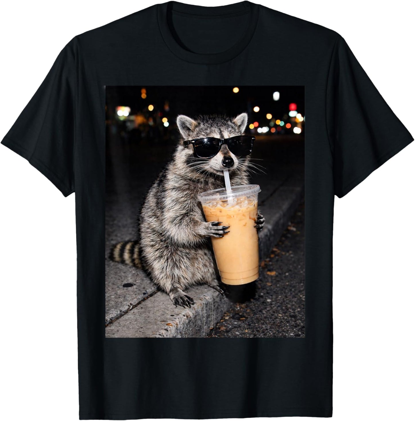 Funny Raccoon Drinking Iced Coffee Animal Meme T-Shirt - T-Shirt | Black