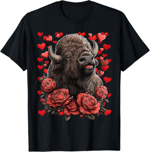 Cute Bison with Red Roses Hearts Valentine’s Day Animal T-Shirt - T-Shirt | Black