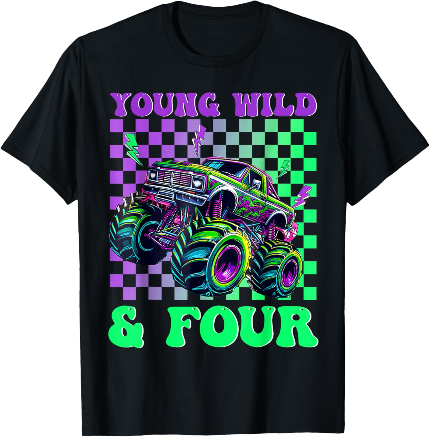 Kids 4th Birthday Boy Monster Truck Young Wild and Four T-Shirt - T-Shirt | Black