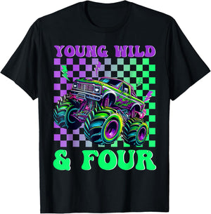 Kids 4th Birthday Boy Monster Truck Young Wild and Four T-Shirt - T-Shirt | Black