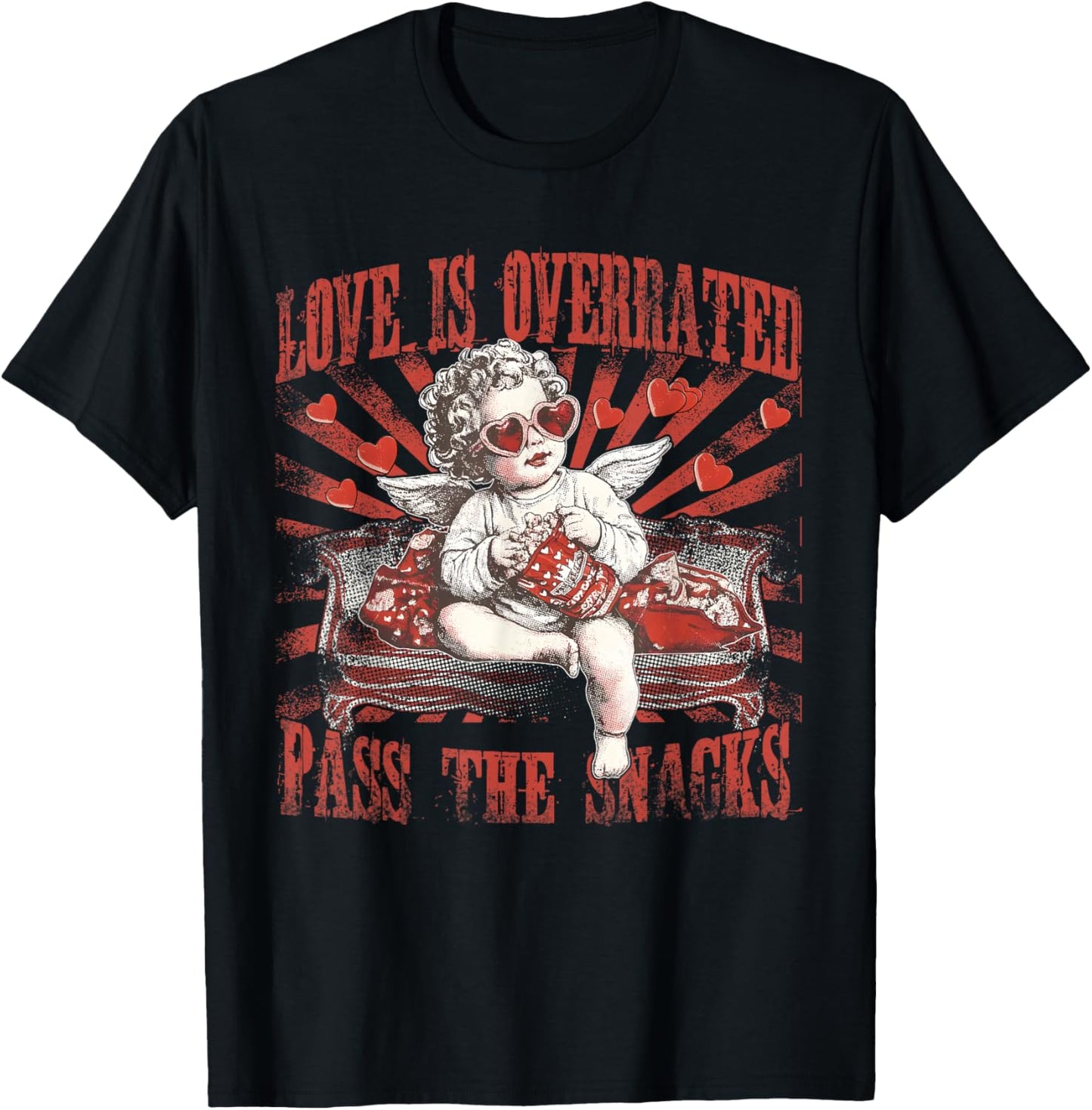 Love is Overrated Pass The Snacks, Funny Valentine Day Cupid T-Shirt - T-Shirt | Black