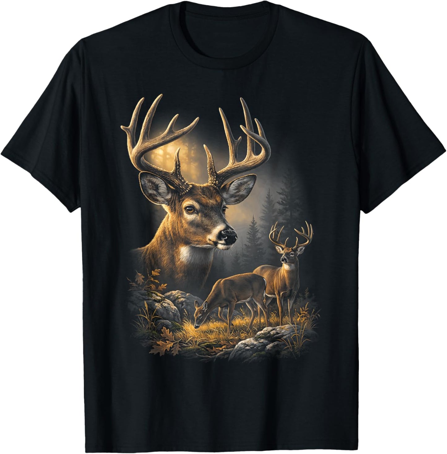 Whitetail Deer Vintage Buck Autumn Forest Wildlife Hunting T-Shirt - T-Shirt | Black