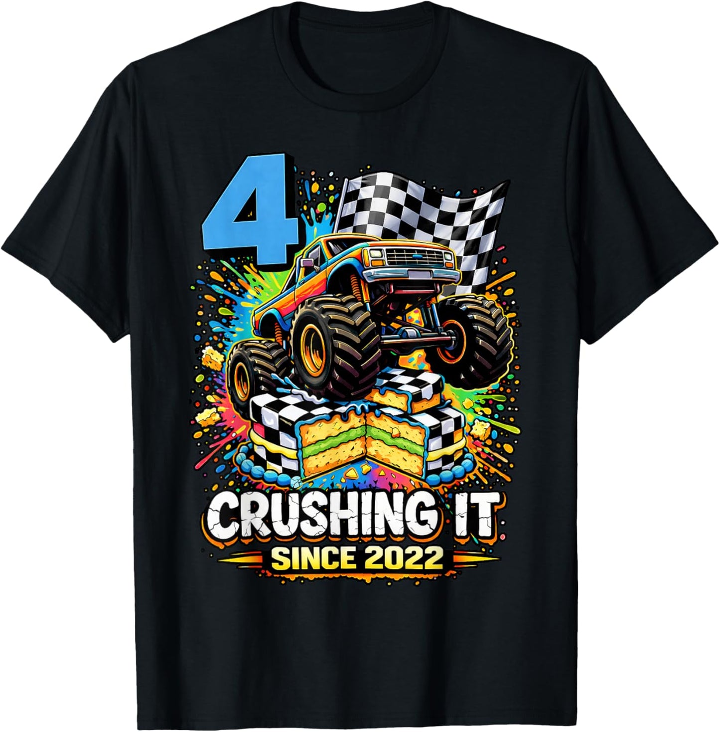 Birthday Monster Truck 4 Year Old Boys 4th Party Born 2022 T-Shirt - T-Shirt | Black