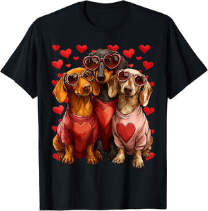 Cute Dachshunds Dogs with Heart Sunglasses Valentines Day T-Shirt - T-Shirt | Black