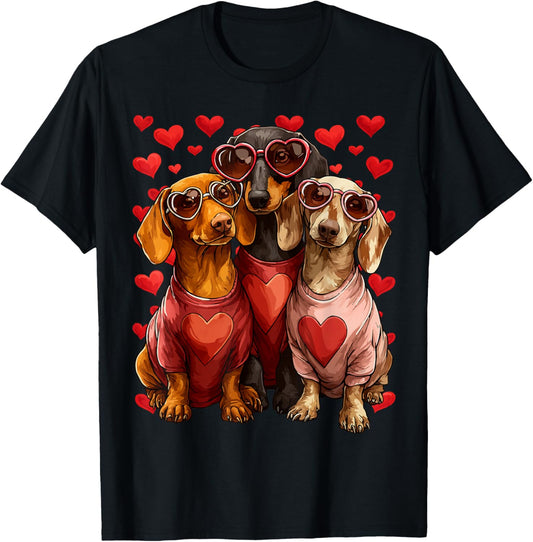 Cute Dachshunds Dogs with Heart Sunglasses Valentines Day T-Shirt - T-Shirt | Black