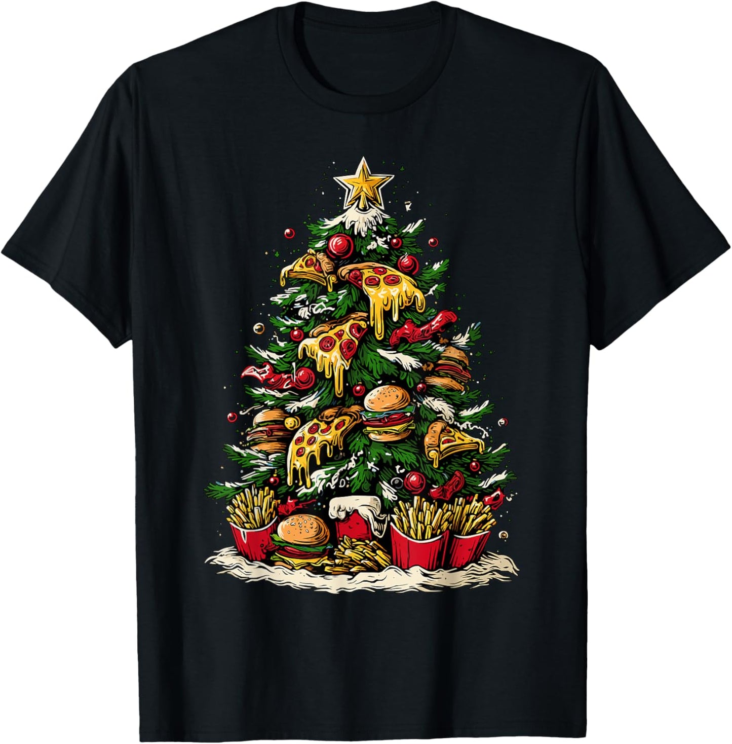Funny Christmas Tree Fast Food Pizza Burgers Fries Humor T-Shirt - T-Shirt | Black