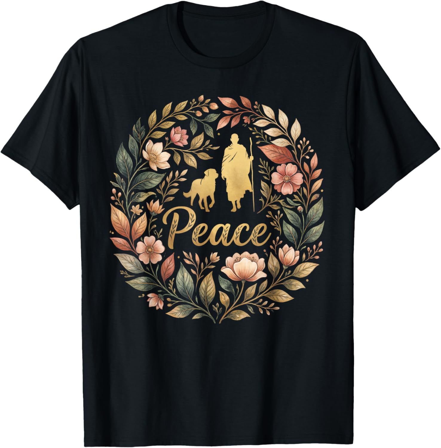 Retro Walk for Peace Monks with Aloka Dog Minimalist Zen Art T-Shirt - T-Shirt | Black