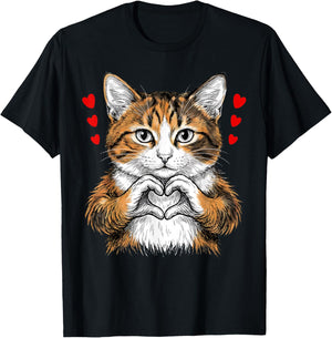 Cat Making Heart Sign Valentine Day Cute Kitten Love Cats T-Shirt - T-Shirt | Black