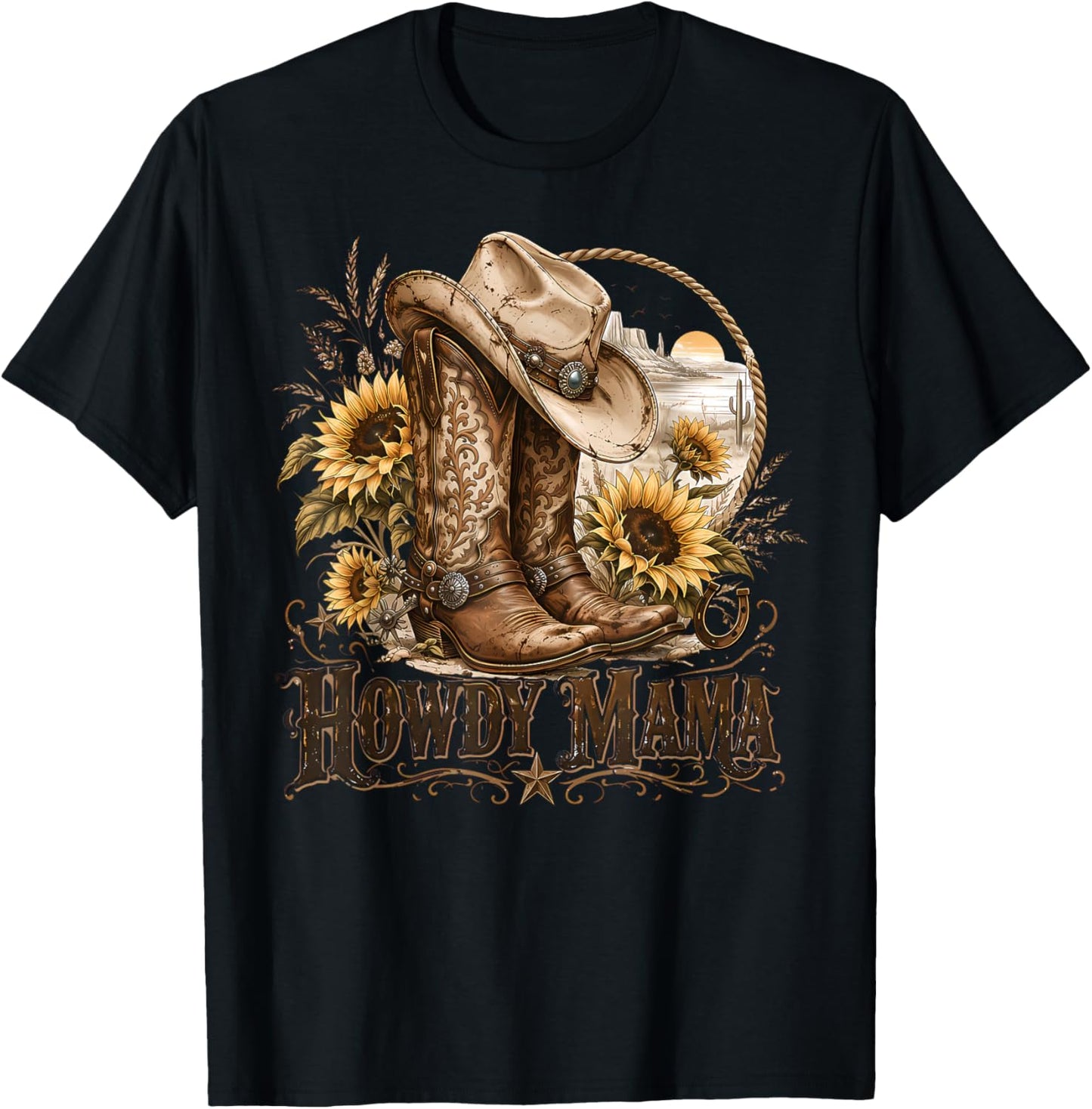 Mama Western Retro Groovy Cow Skull Country Rodeo Mother Day T-Shirt - T-Shirt | Black