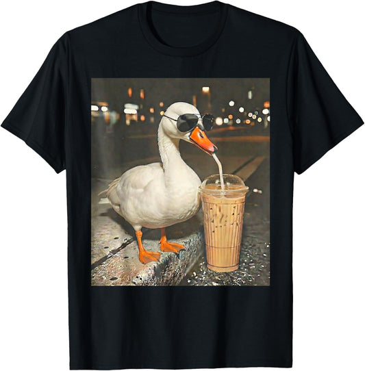 Funny Goose Drinking Iced Coffee Animal Meme Men Women T-Shirt - T-Shirt | Black
