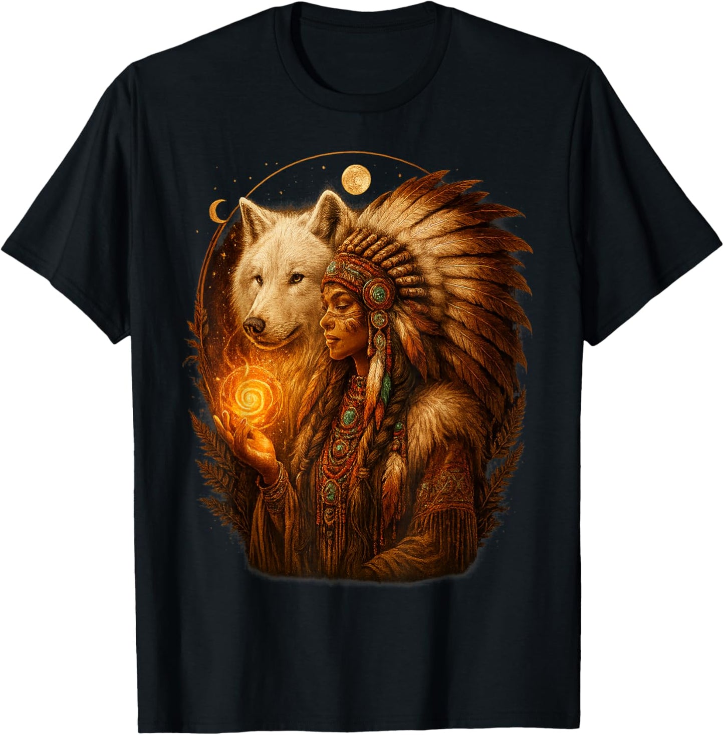 Indian Native American Woman with White Wolf Vitage Gifts T-Shirt - T-Shirt | Black