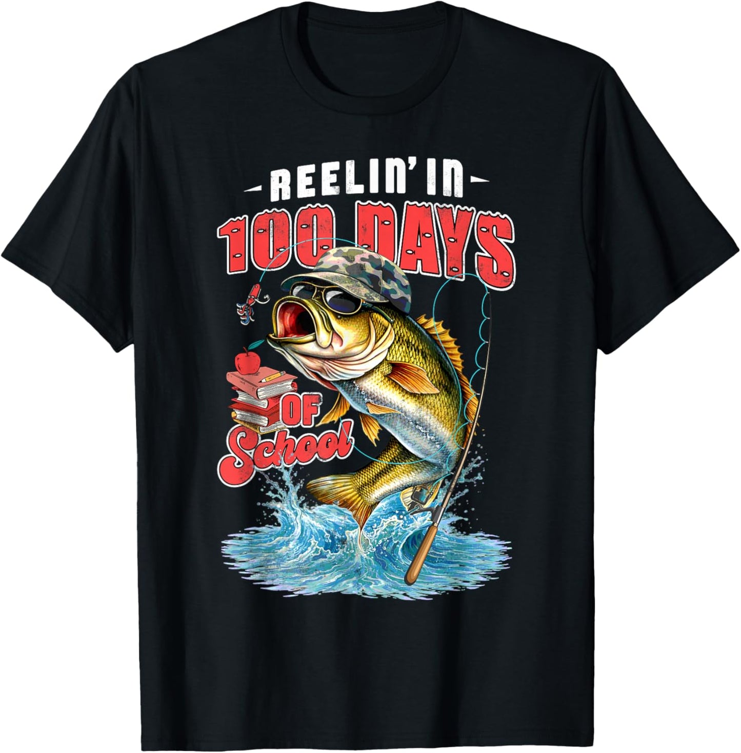 Reelin’ in 100 Days of School Camo Bass Fishing Teacher Boys T-Shirt - T-Shirt | Black