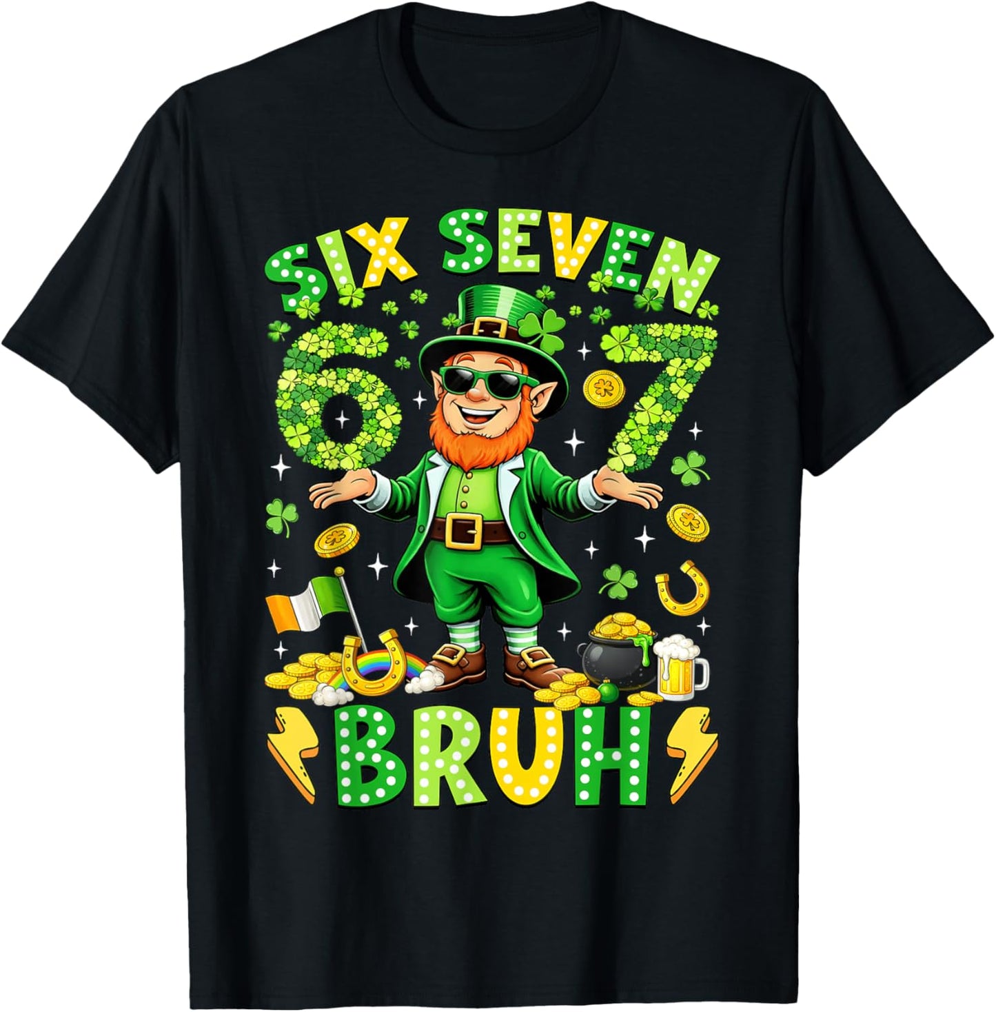 Six Seven Bruh St Patricks Day Leprechaun Meme 6 7 Boys Kids T-Shirt - T-Shirt | Black