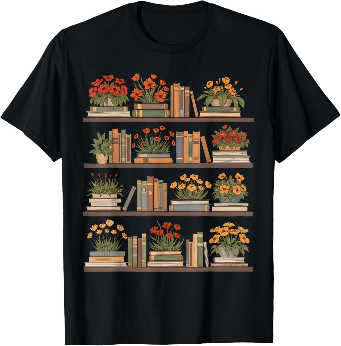 Whimsical Books and Blooms T-Shirt - T-Shirt | Black