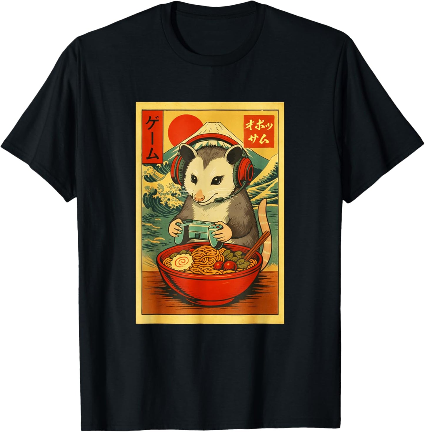 Opossum Gaming Ramen Japanese Ukiyo-e Great Wave Retro Art T-Shirt - T-Shirt | Black