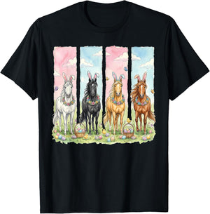 Easter Horses with Bunny and Flowers Design T-Shirt - T-Shirt | Black