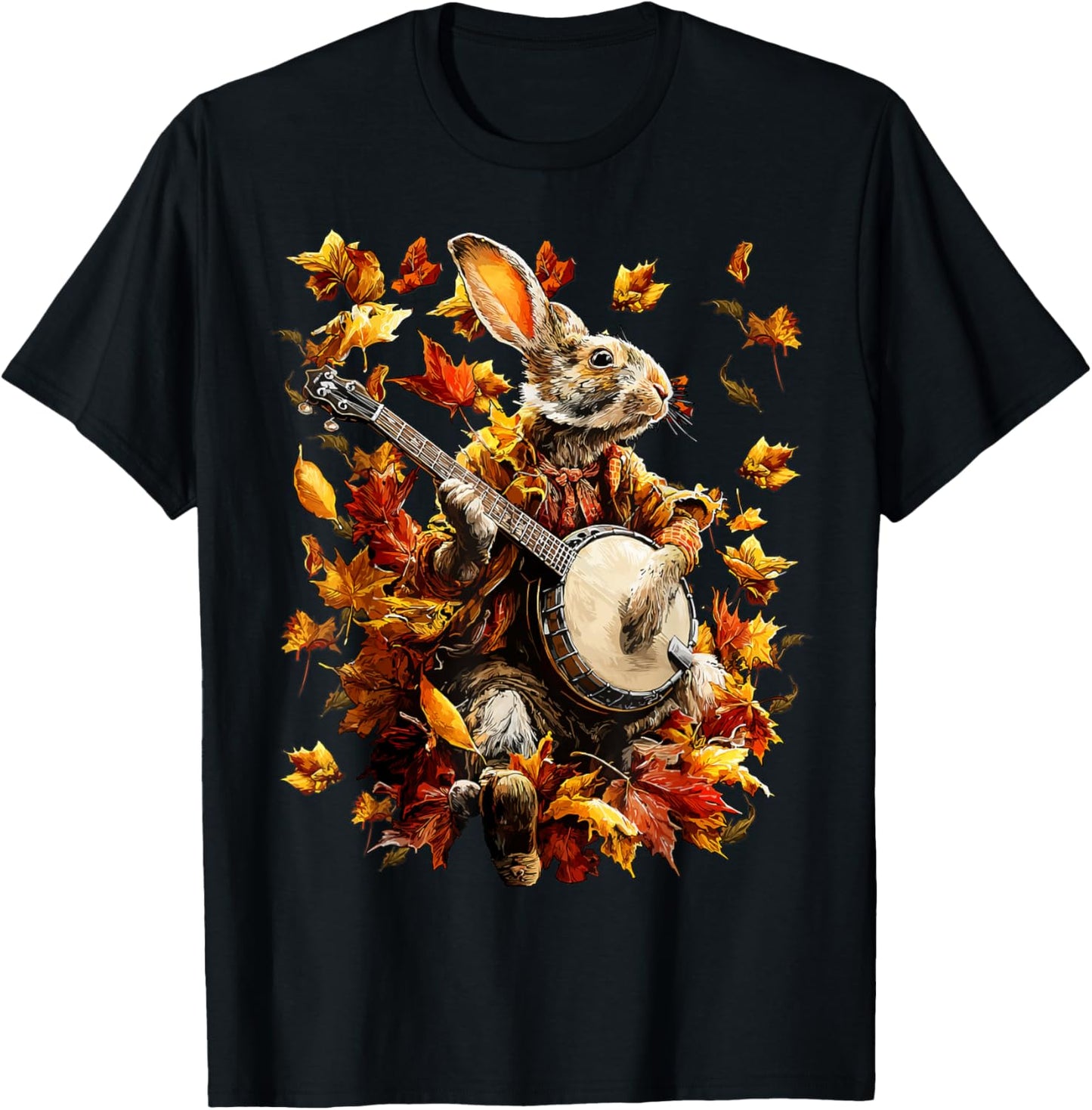 Banjoist Rabbit Playing Banjo Picker Fall Leaves Autumn Art T-Shirt - T-Shirt | Black