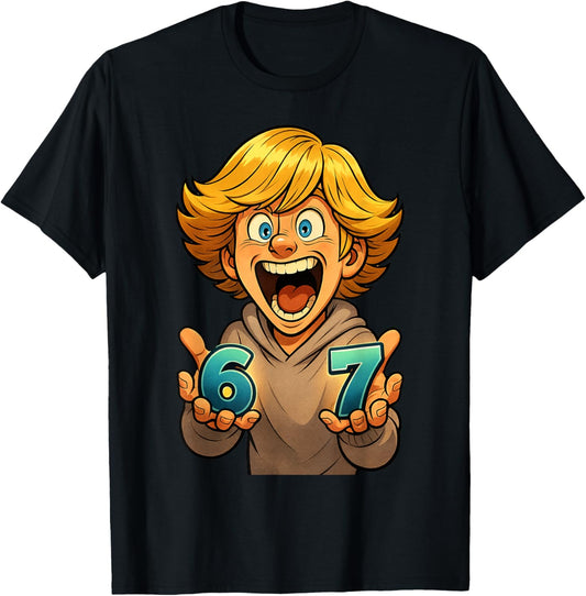 Six Seven Funny Cartoon Boy 67 Viral Meme Men Women Kids T-Shirt - T-Shirt | Black
