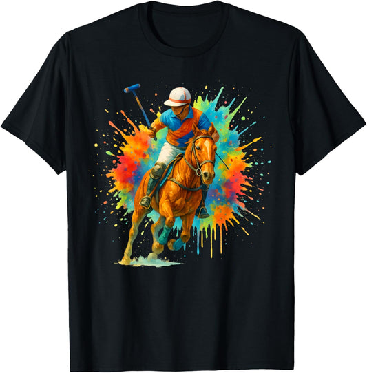 Colorful Polo Player on Horse Equestrian Men Women Kids T-Shirt - T-Shirt | Black