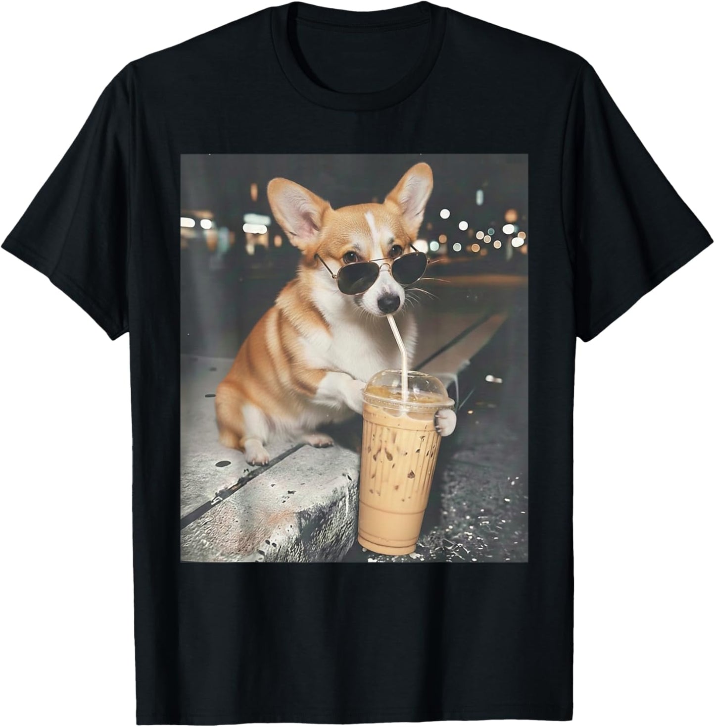 Corgi Drinking Iced Coffee Funny Animal Meme Corgi Dog Lover T-Shirt - T-Shirt | Black