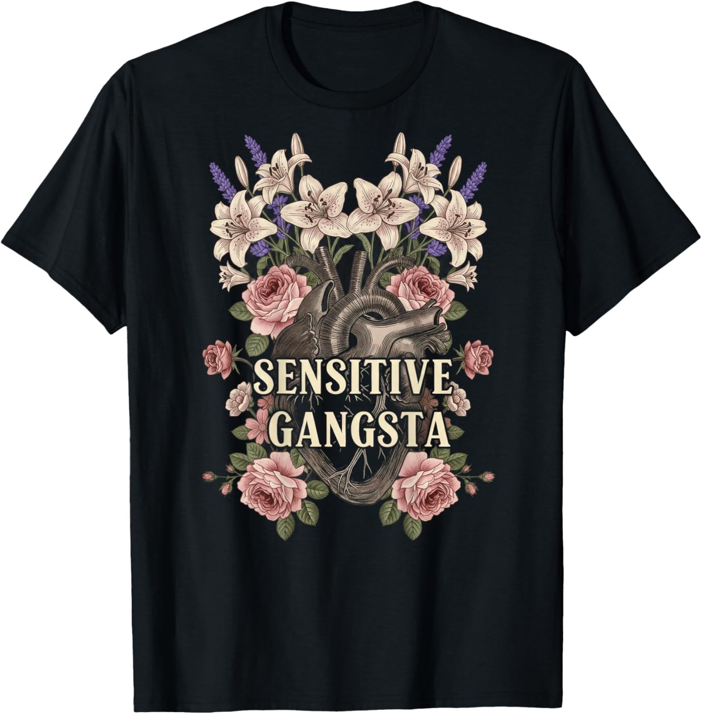 Sensitive Gangsta Floral Heart Nature Lover Women Aesthetic T-Shirt - T-Shirt | Black