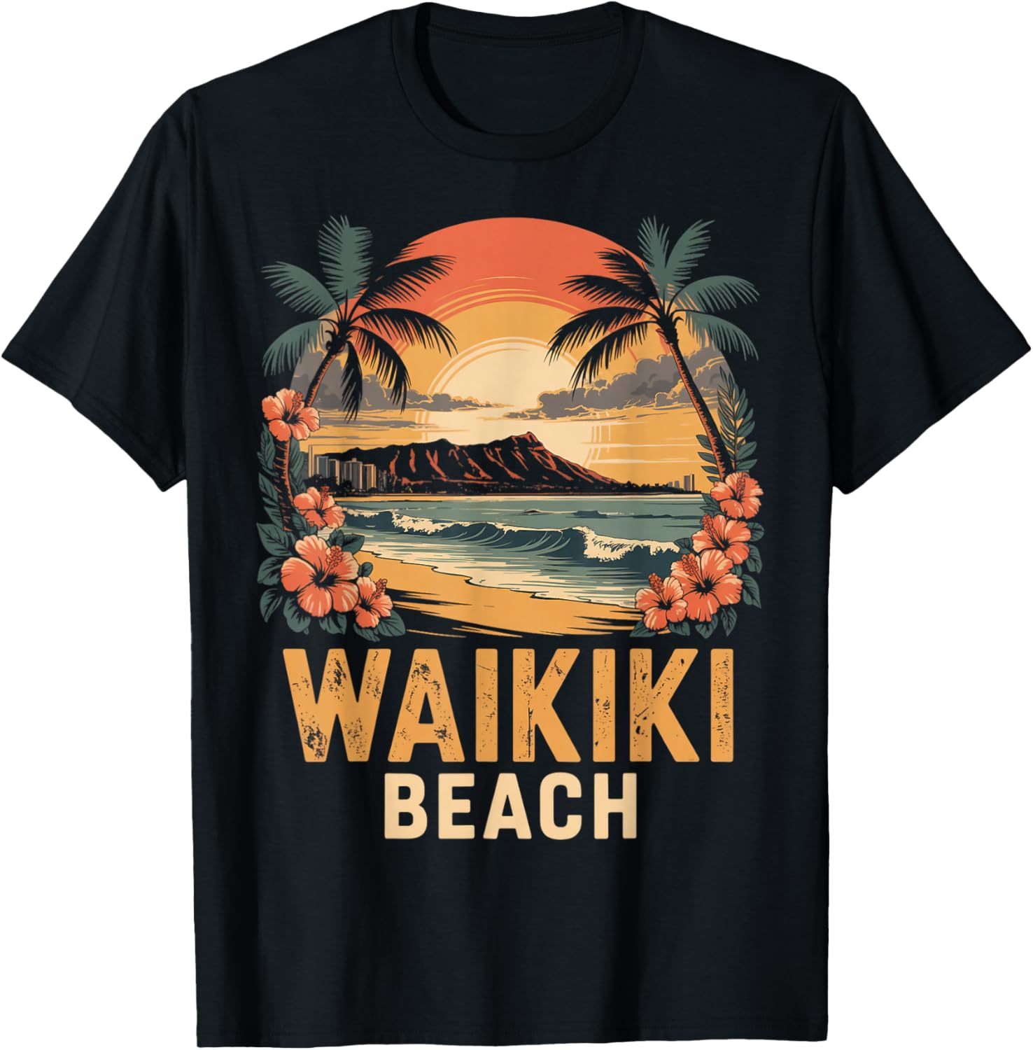 Tropical Waikiki Honolulu Hawaii Island Waikiki T-Shirt - T-Shirt | Black